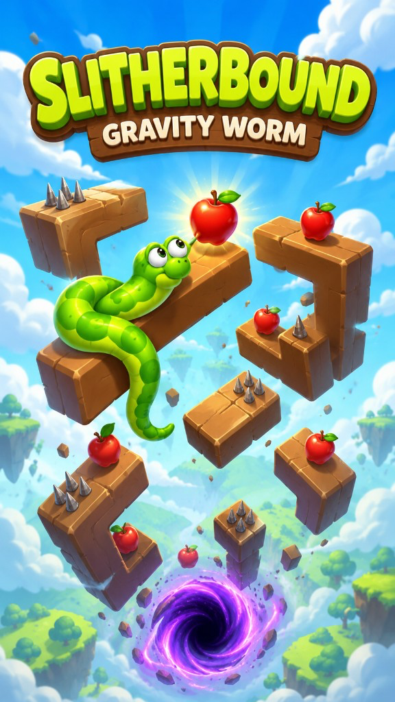 Slitherbound Gravity Worm splash — worm on floating platforms reaching for a glowing apple